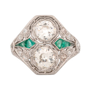 Women's Platinum Original Art Deco Green Glass & 2.25ct Diamond Ring, Size 7