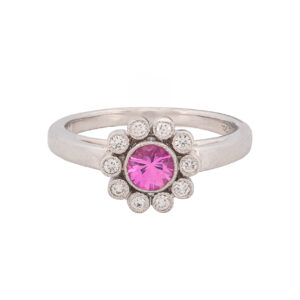 Tiffany & Co Platinum Enchant Pink Sapphire & .10ct Diamond Halo Ring