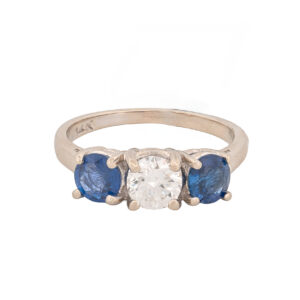 14K White Gold Diamond & Natural Sapphire Three-Stone Ring