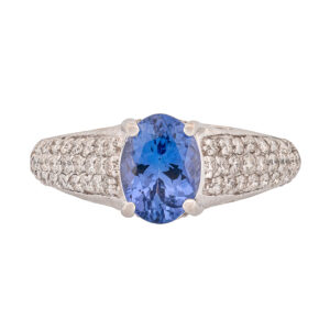 14K White Gold 1.48ct Tanzanite & Diamond Pave Cathedral Style Ring