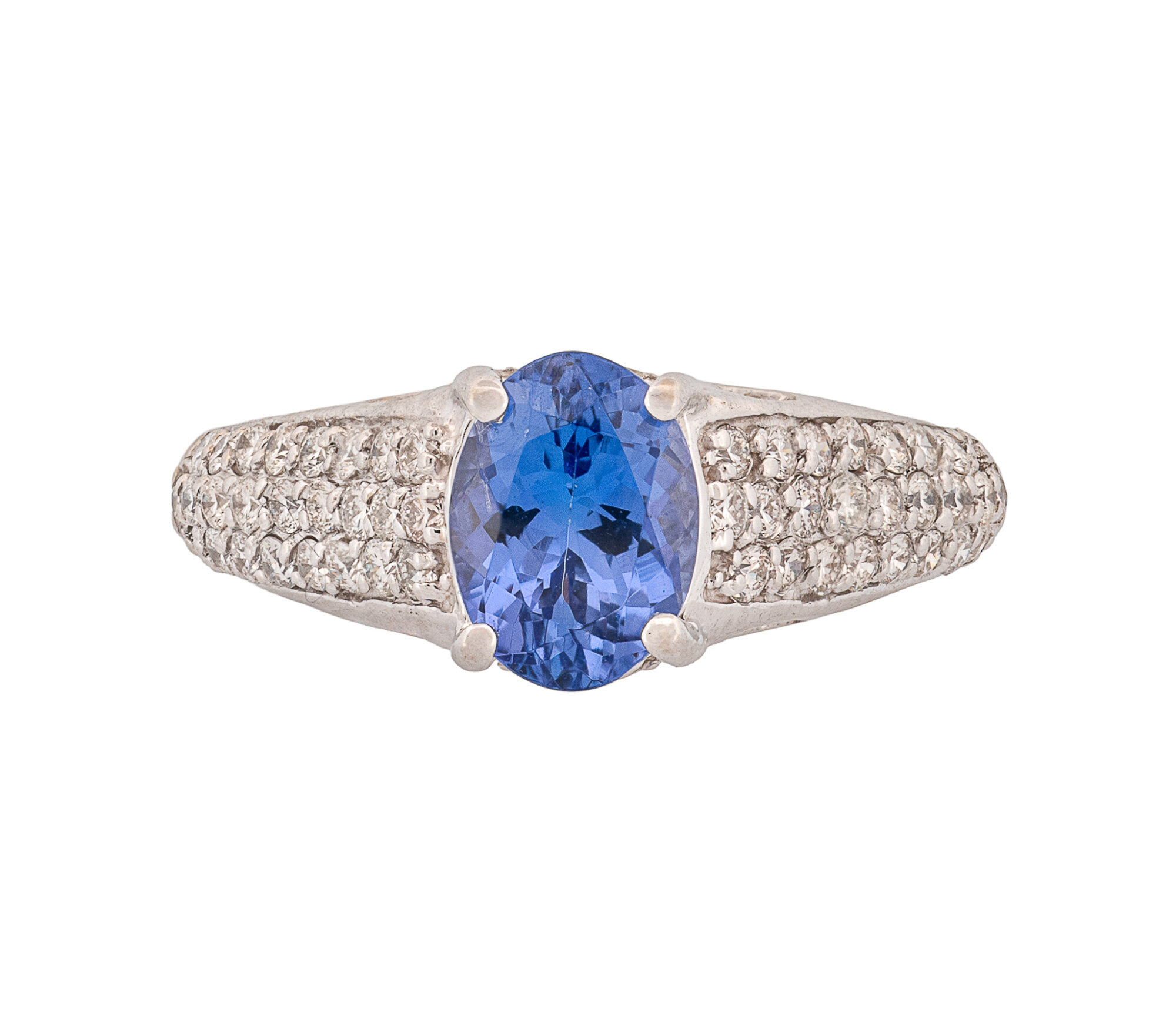 14K White Gold 1.48ct Tanzanite & Diamond Pave Cathedral Style Ring