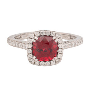 18K White Gold Red Spinel and Diamond Halo Cathedral Mount Ring
