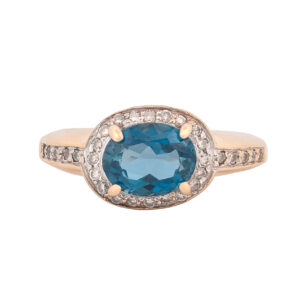 14K Yellow Gold London Blue Topaz and Diamond East-West Set Halo Style Ring
