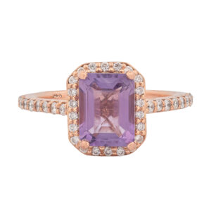 14K Rose Gold Diamond and Amethyst Emerald Shaped Halo Style Ring