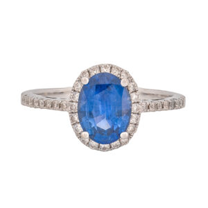 14K White Gold Natural Blue Sapphire and Diamond Oval Shaped Halo Style Ring