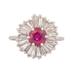 14K White Gold Natural Ruby and Diamond Ballerina Style Halo Ring