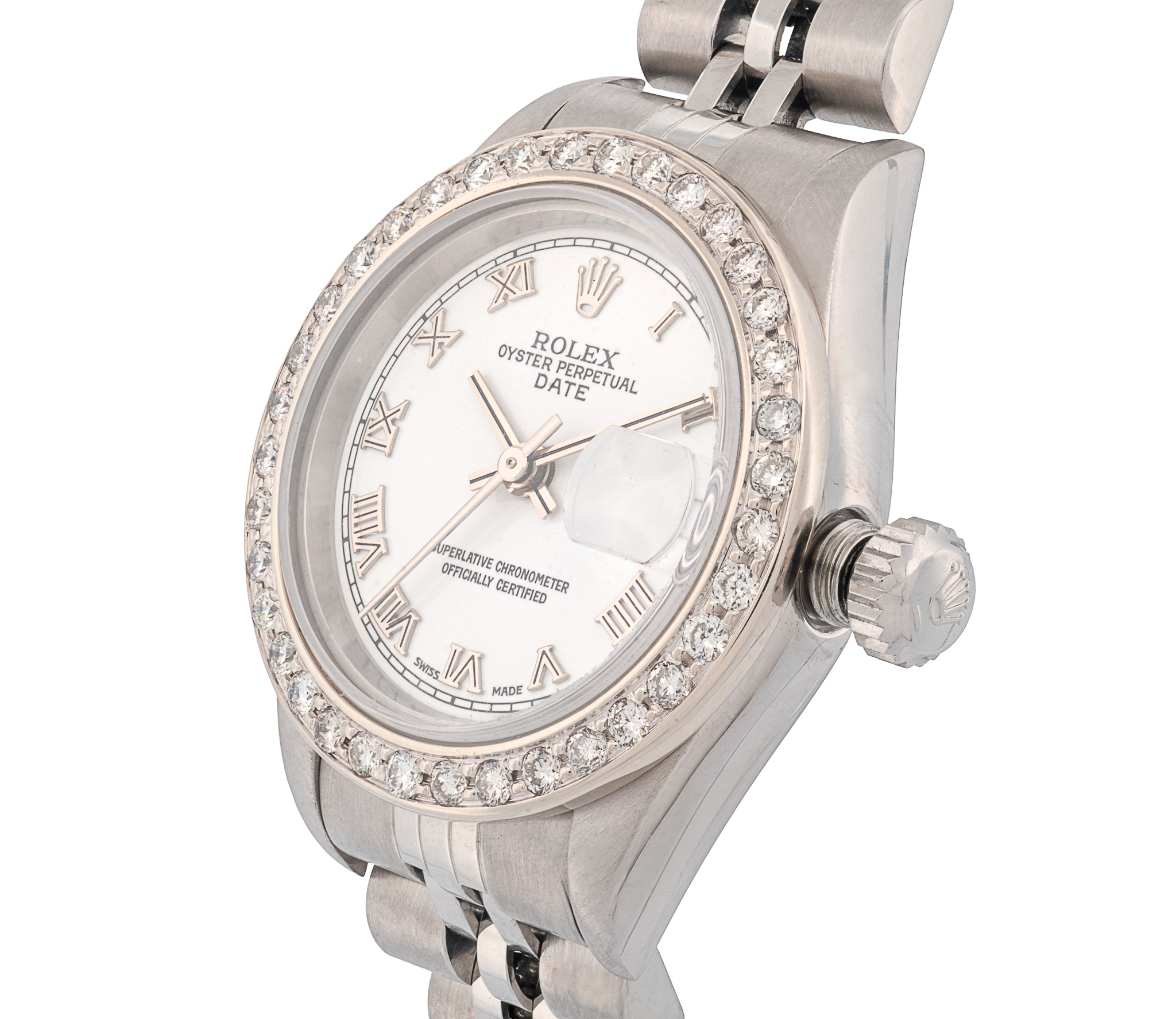 Ladies SS Rolex Datejust, Jubilee band, 26mm, Custom dia bezel,wht/Rom dial. - Image 2