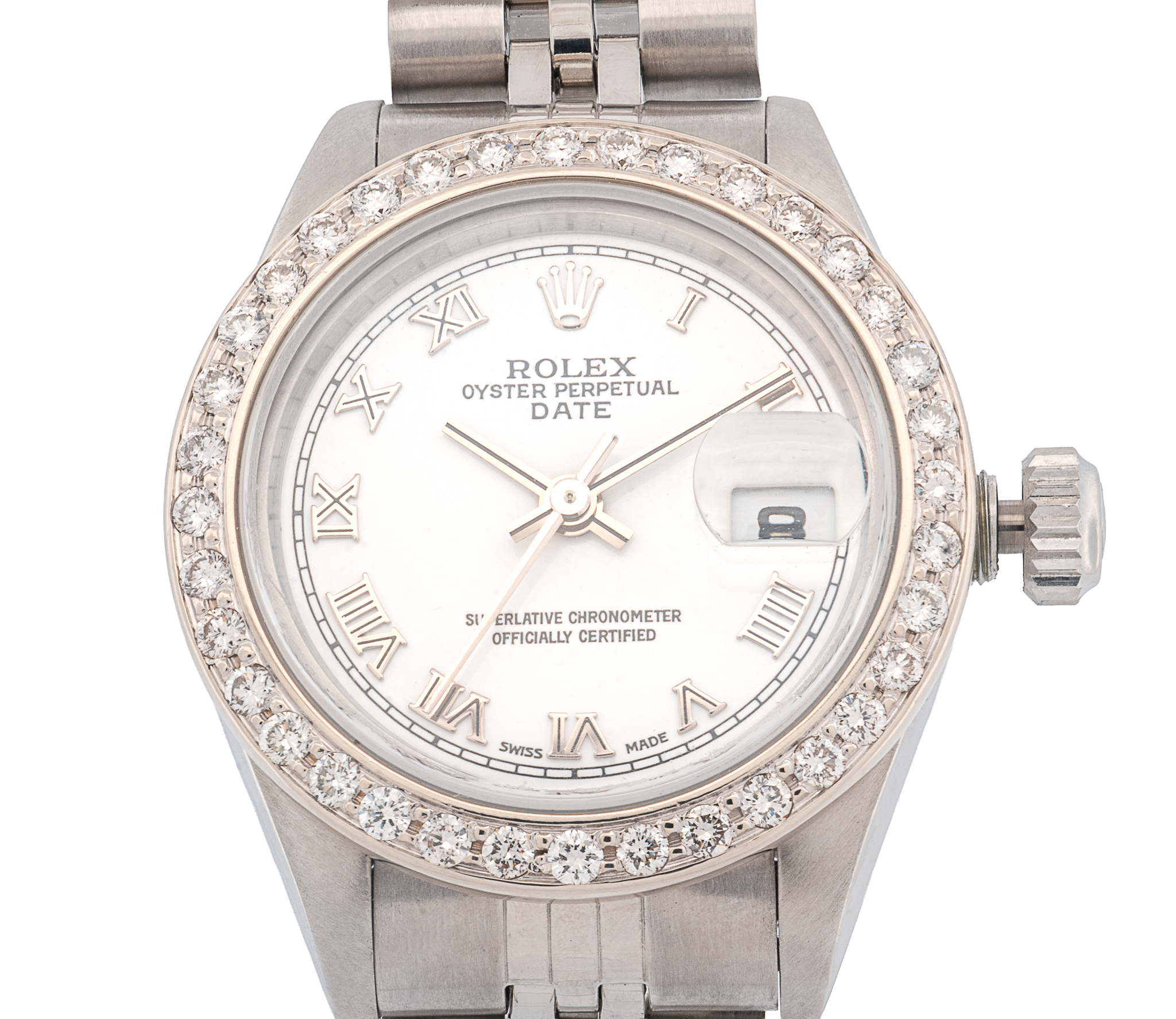 Ladies SS Rolex Datejust, Jubilee band, 26mm, Custom dia bezel,wht/Rom dial.