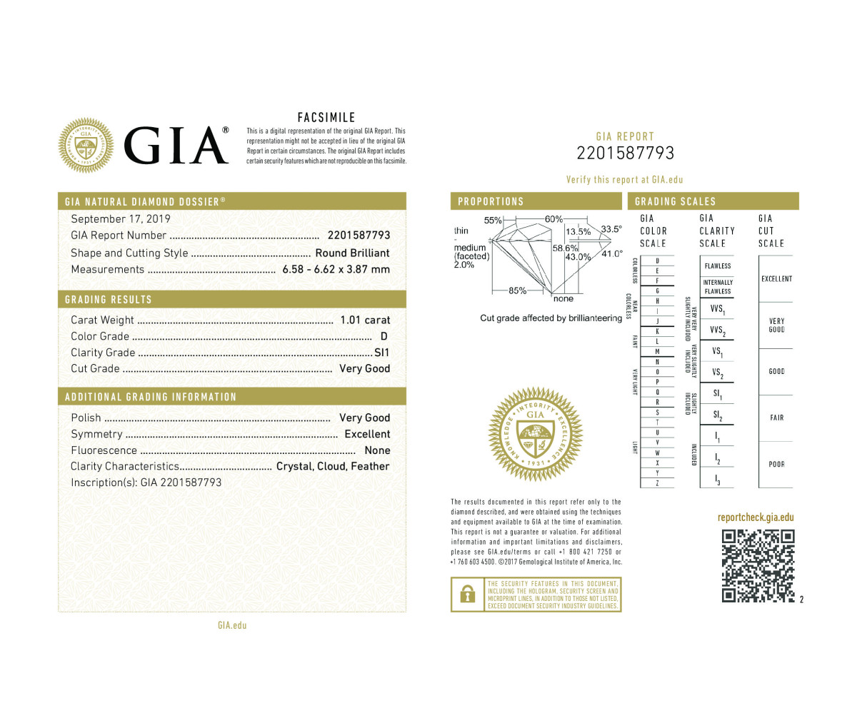 Round 1.01ct D SI1 GIA Certified Diamond