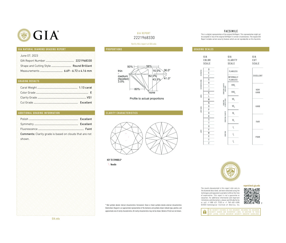 Round Brilliant 1.13 E VS1 GIA Certified Diamond