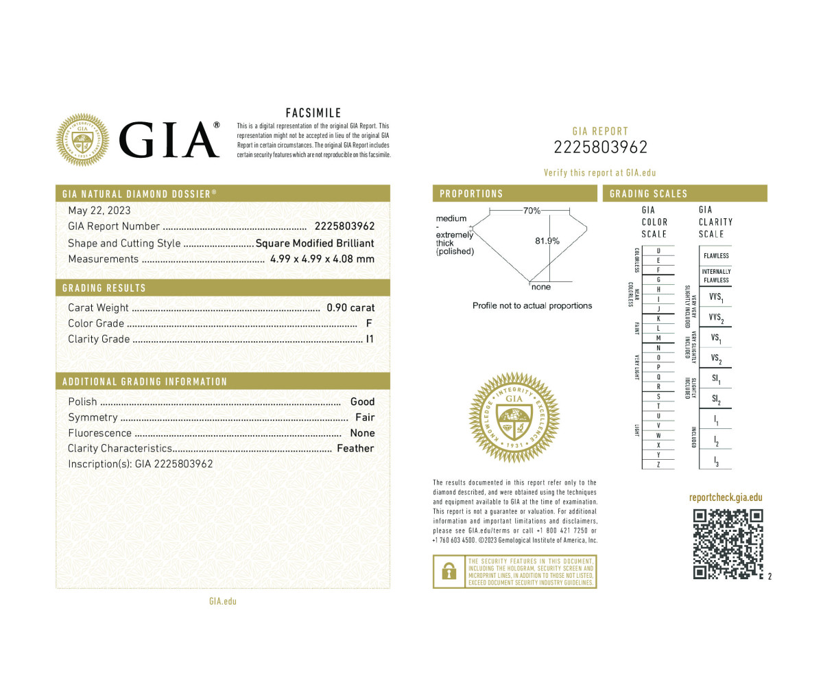 Princess Square Modified Brilliant 0.90 F I1 GIA Certified Diamond