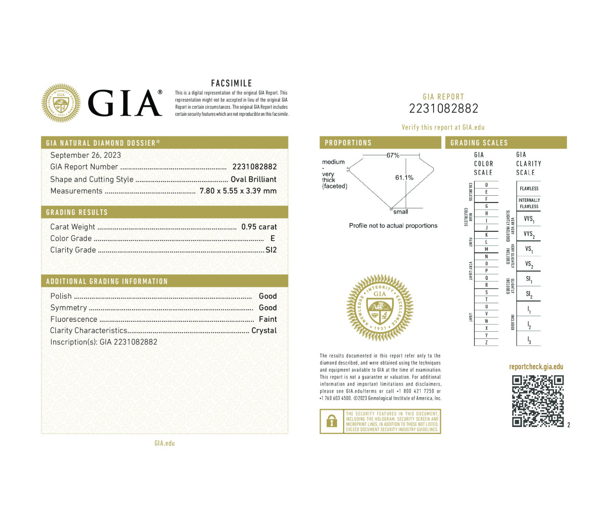 Oval Brilliant 0.95 E SI2 GIA Certified Diamond
