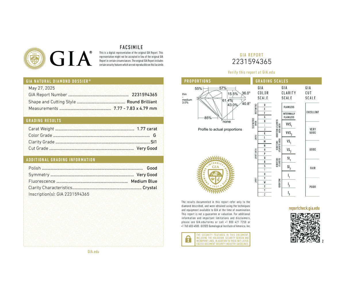Round Brilliant 1.77 G SI1 GIA Certified Diamond
