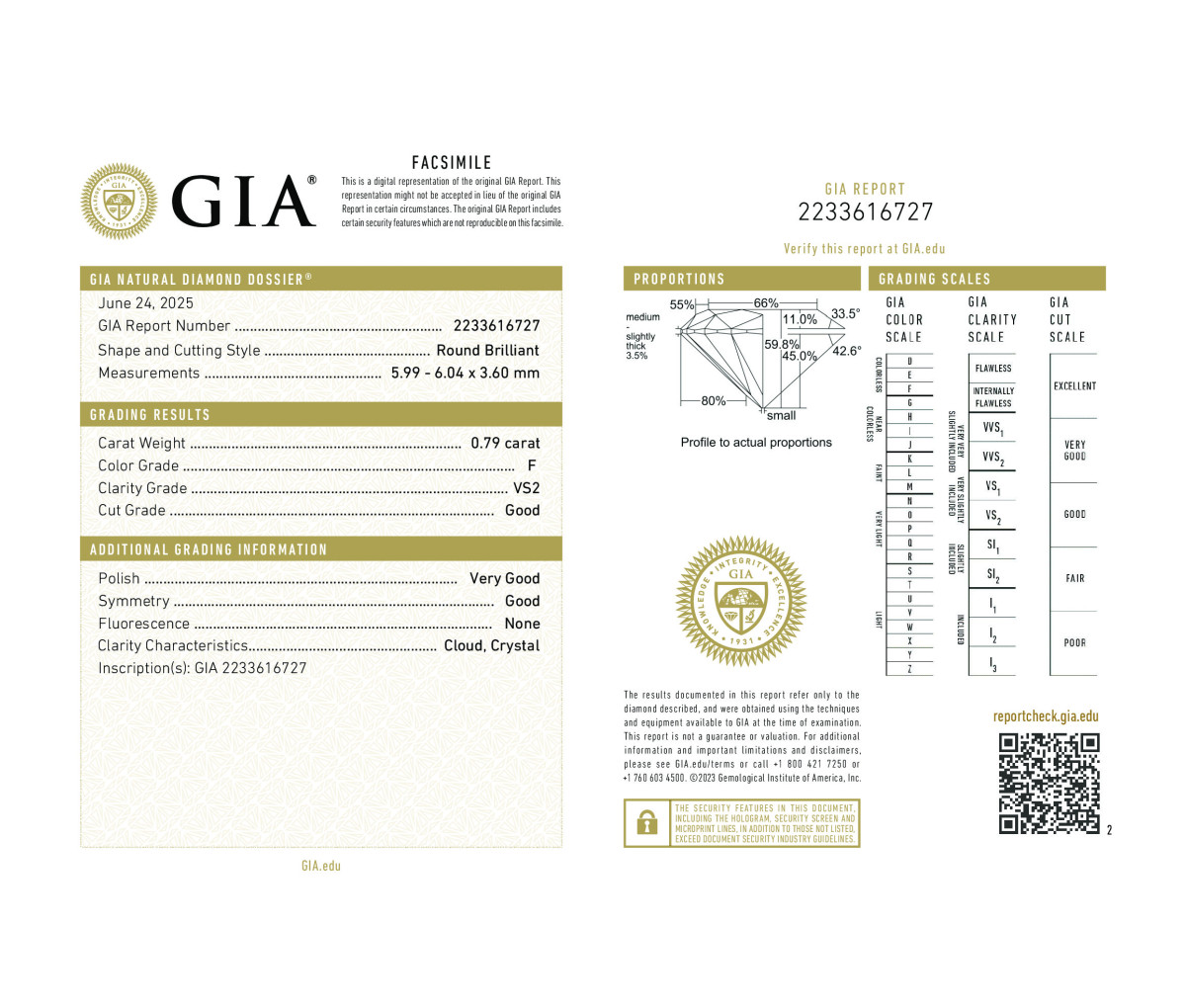 Round Brilliant 0.79 F VS2 GIA Certified Diamond