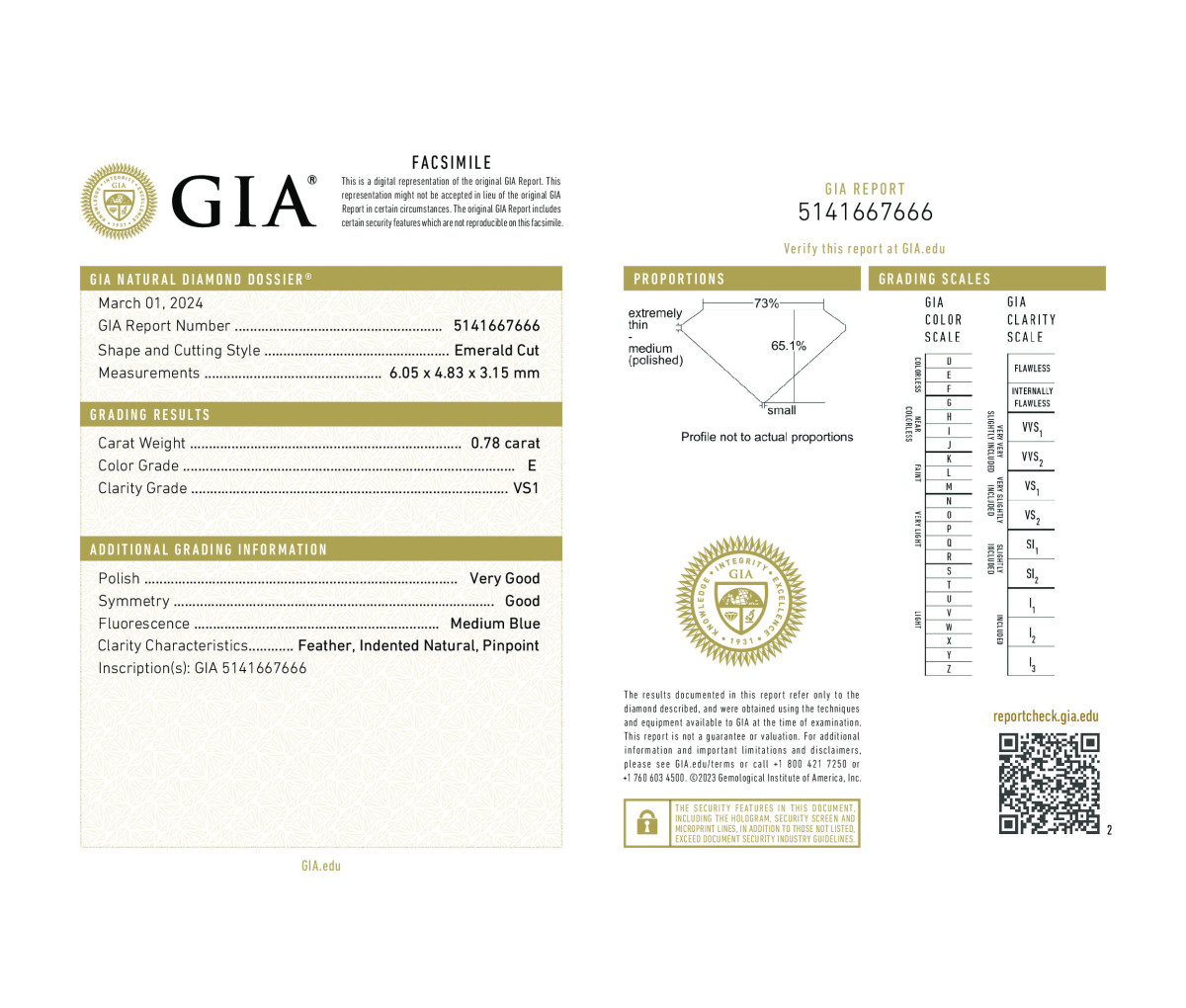 Emerald Cut 0.78 E VS1 GIA Certified Diamond