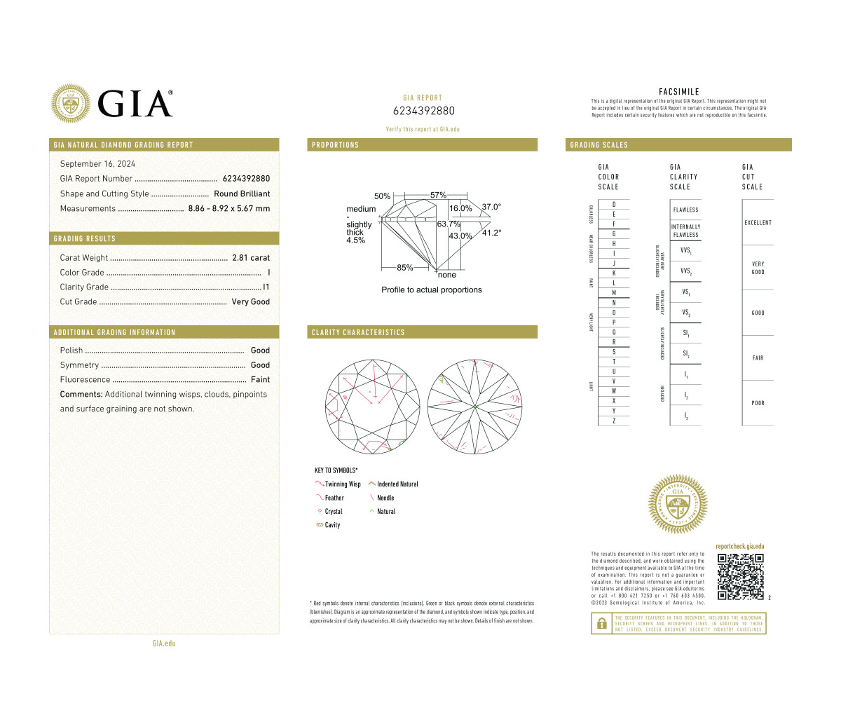 Round Brilliant 2.81 I I1 GIA Certified Diamond