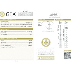 Cut-Cornered Square Modified Brilliant 0.81 K SI1 GIA Certified Diamond