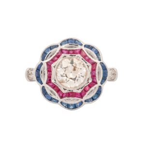 18K White Gold Diamond, Calibre-cut Ruby & Sapphire Engagement Ring