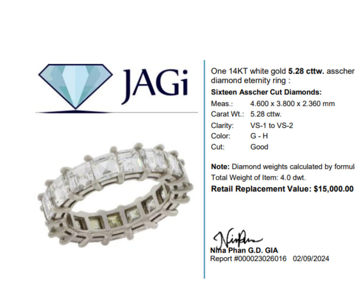 14KT Square Step Cut 5.28ct Diamond Eternity Band - Image 4