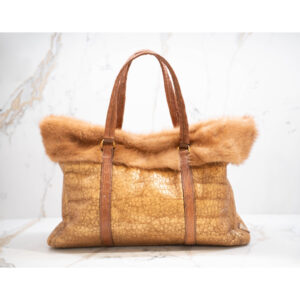Prada Brown Triangle Coccodrillo & Montone Trimmed Tote