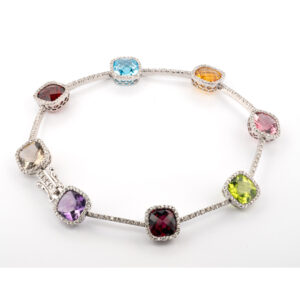 14kt White Gold Authentic Meira T Rainbow Multistone Halo Station Link Bracelet