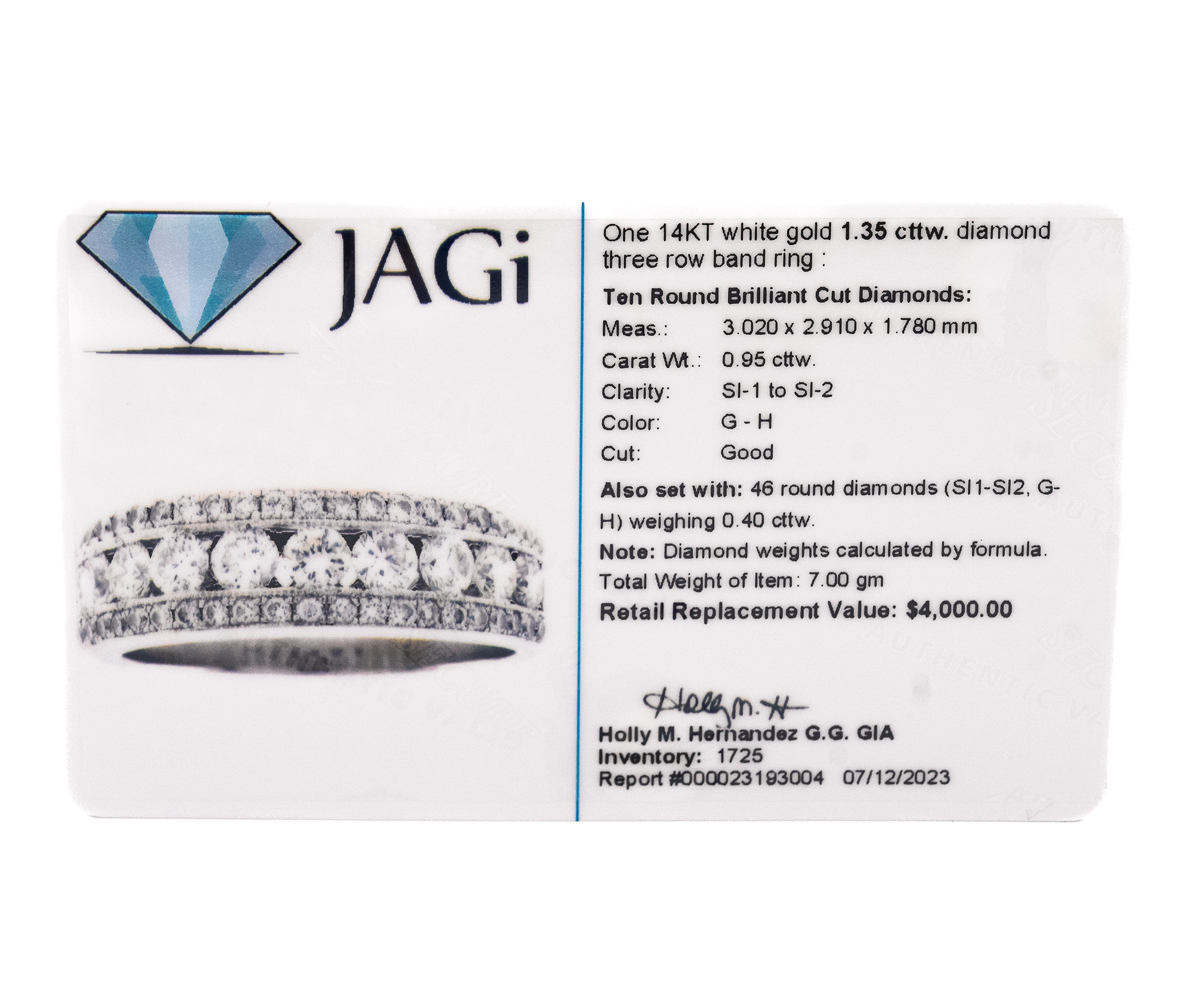 14k White Gold 1.35ct Diamond Three Row Band - Image 5