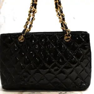 Chanel Vintage Black Quilted Patent Leather Shoulder Bag