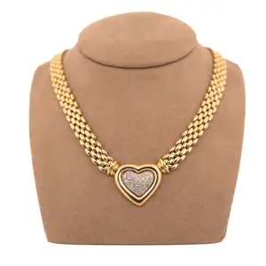 14k Yellow Gold 0.94 Ct Pave Diamond Heart Necklace With Panther Link Chain