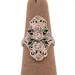 Antique 18K White Gold 0.60Ct Diamond and Green Stone Ring