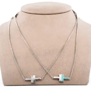 Tiffany and Co 18K White Gold T Diamond and Turquoise Necklace