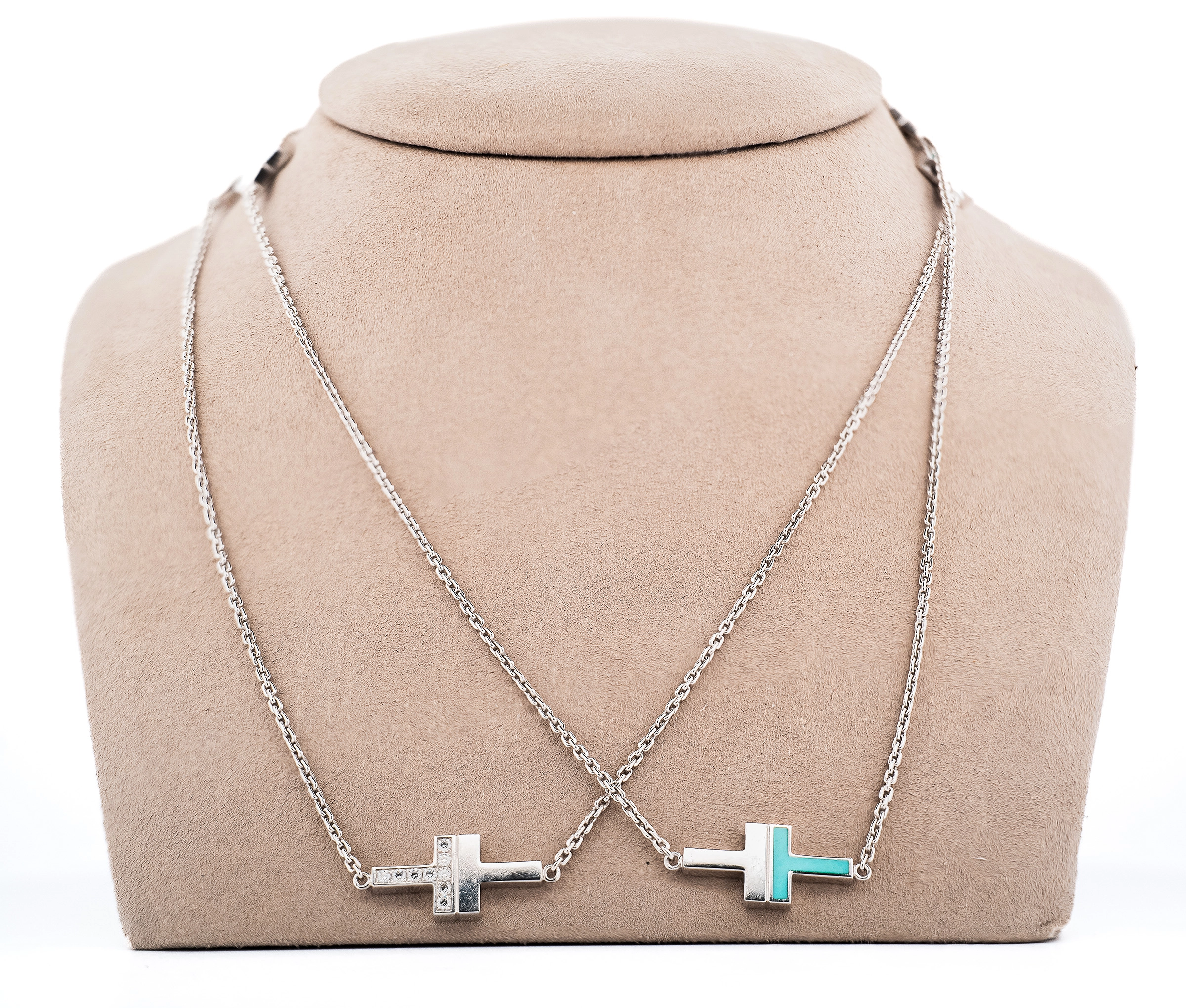 Tiffany and Co 18K White Gold T Diamond and Turquoise Necklace