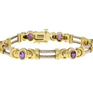 14K Yellow & White Gold 2.28 Ct Amethyst Cabochon Double Rope Link Bracelet