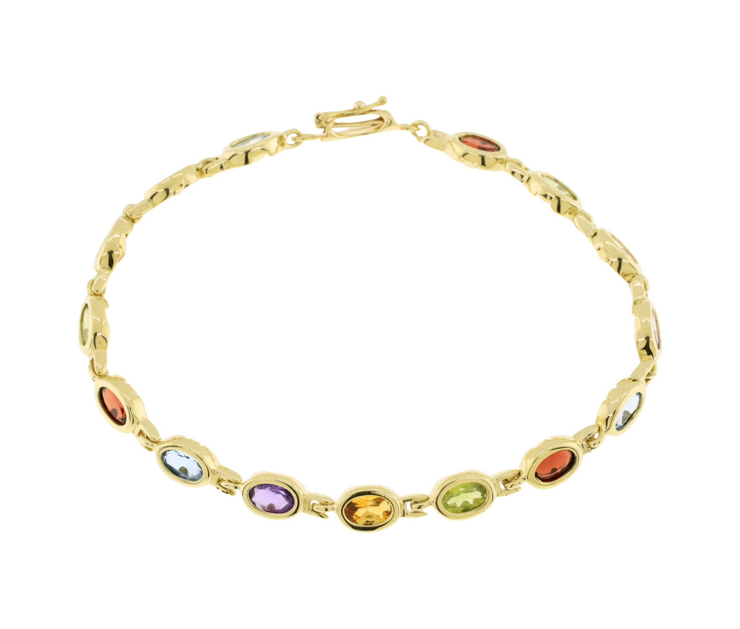 14K Yellow Gold Bezel Set Multi Gemstone Link Style Bracelet - Image 2