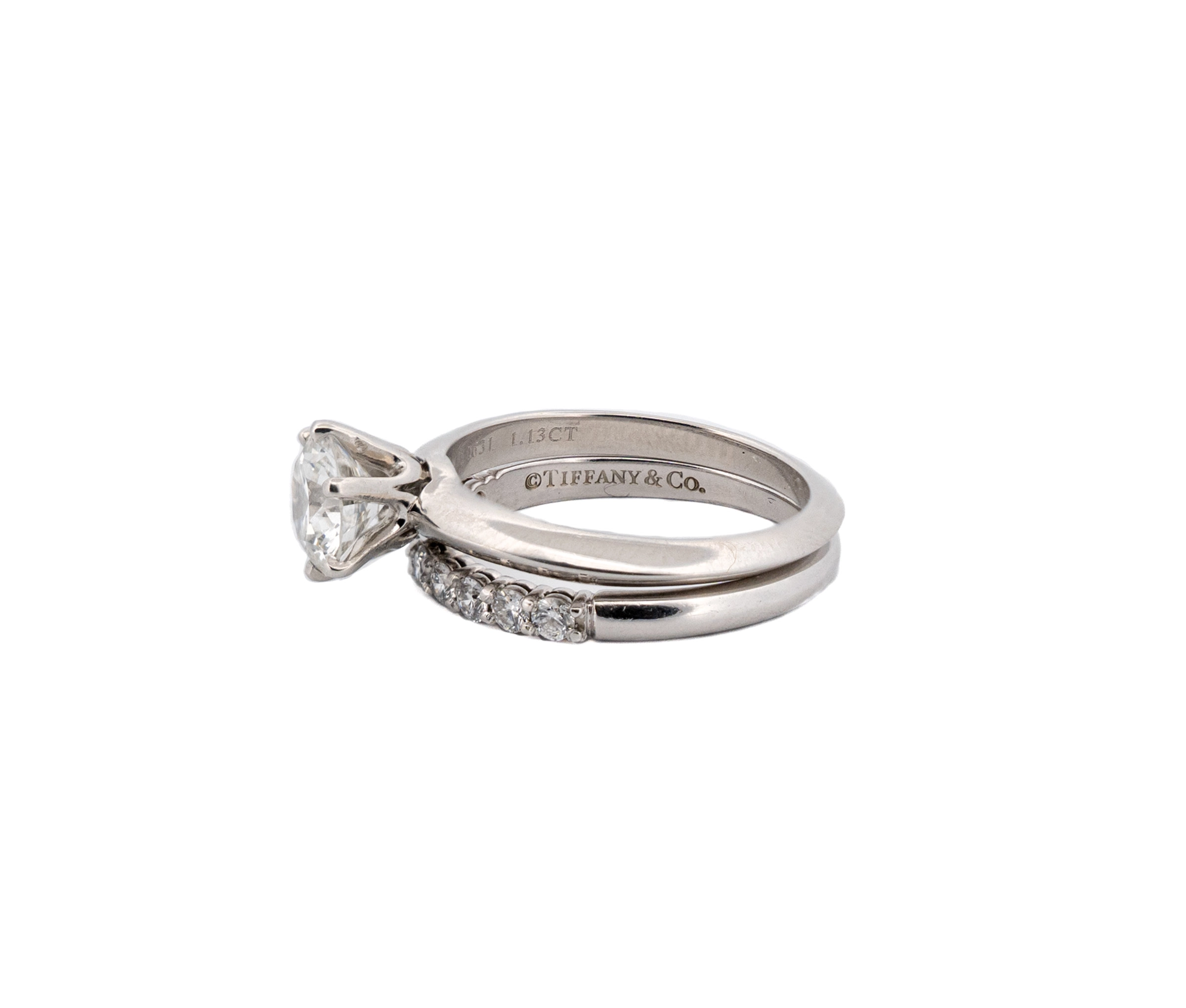 Tiffany and Co. Platinum 1.13ct H VS1 Diamond Ring and Band Engagement Set - Image 4