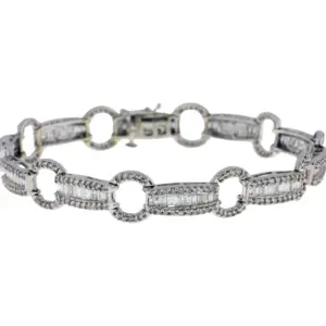 14K White Gold Baguette & Round Cut Diamond Open Circle Link Bracelet