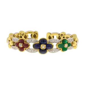 18K White & Yellow Gold Natural Ruby, Sapphire, Emerald, & Diamond Bracelet