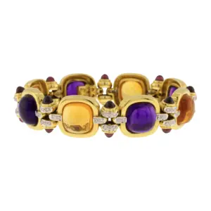 18K Yellow Gold Multigem & Diamond Link Bracelet