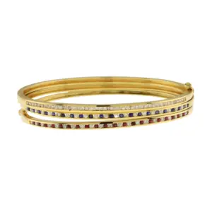 14K Yellow Gold Diamond, Ruby, & Sapphire Hinged Bangle Bracelets