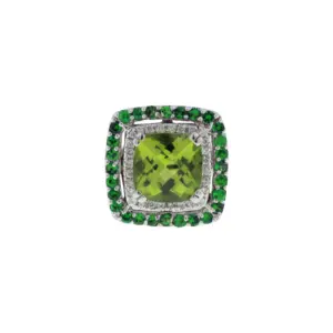 14K White Gold Diamond, Peridot & Tsavorite Garnet Double Halo Style Ring
