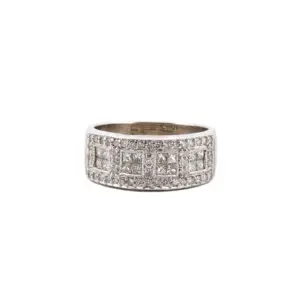 14KT White Gold 0.68 CTTW Princess & Round Brilliant Cut Diamond Band Ring