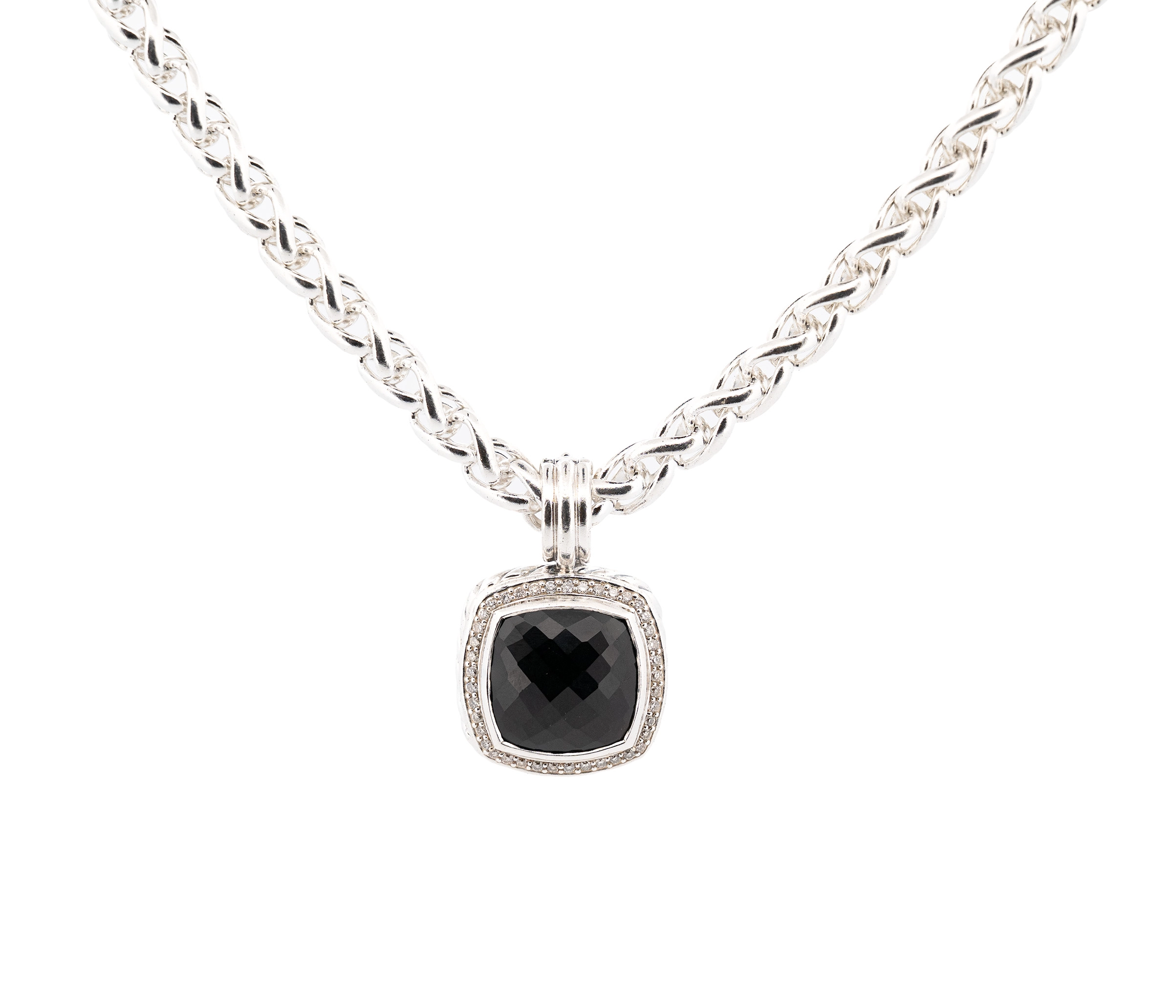 David Yurman Albion Onyx and Diamond Pendant on a 5.8 mm Sterling Wheat Chain - Image 2