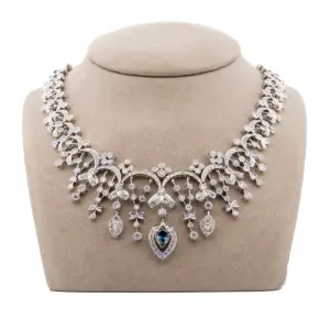 18K White Gold Diamond and Natural Blue Sapphire Ribbon Design Necklace