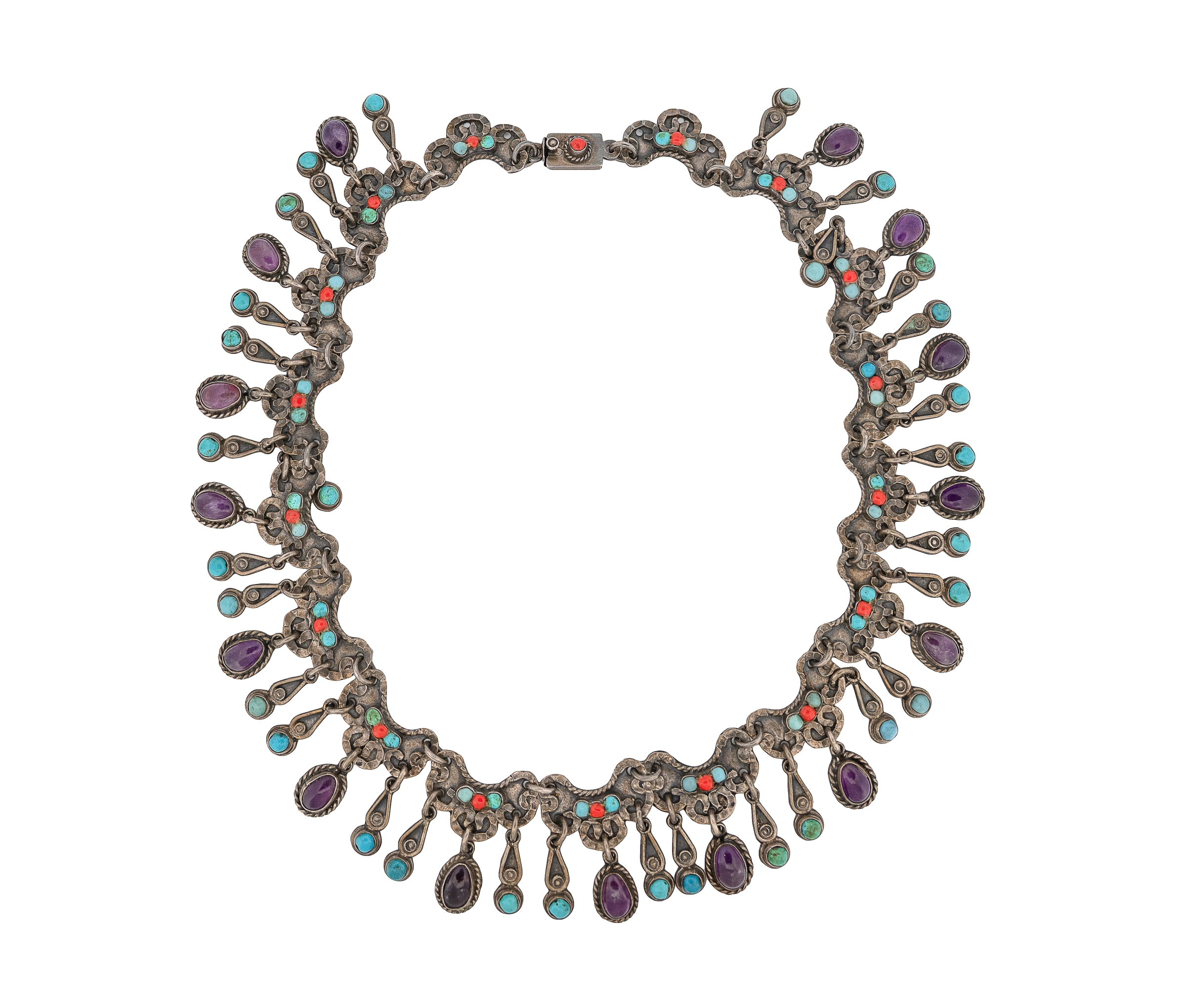 Los Ballesteros Taxco Sterling Turquoise Amethyst Coral MATL/Baroque Necklace - Image 3