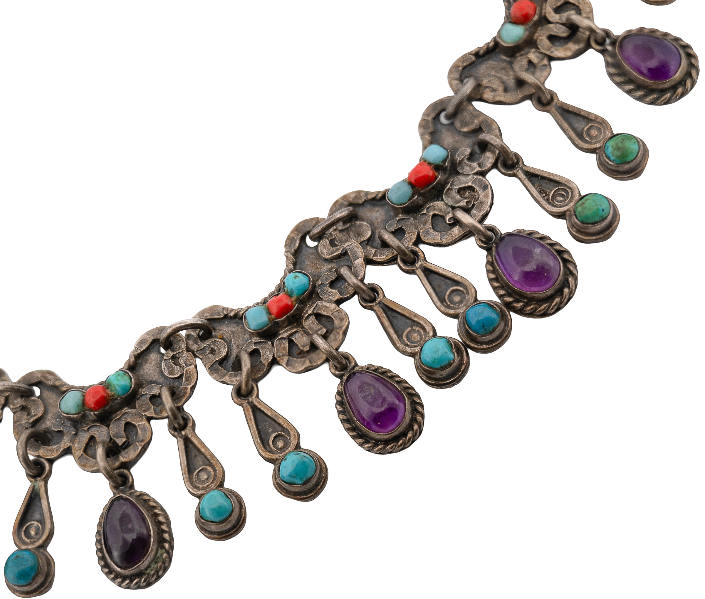 Los Ballesteros Taxco Sterling Turquoise Amethyst Coral MATL/Baroque Necklace - Image 4