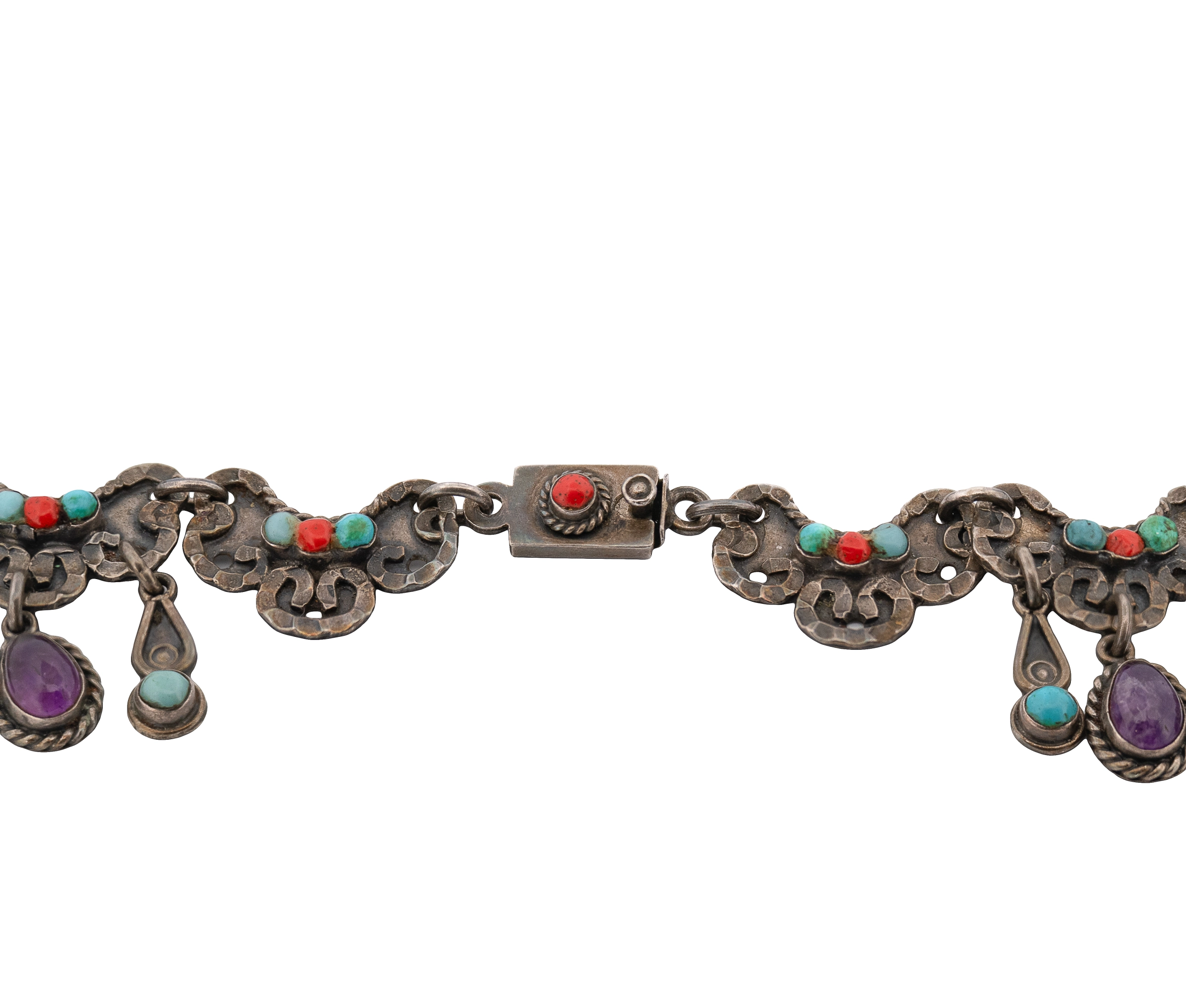 Los Ballesteros Taxco Sterling Turquoise Amethyst Coral MATL/Baroque Necklace - Image 5