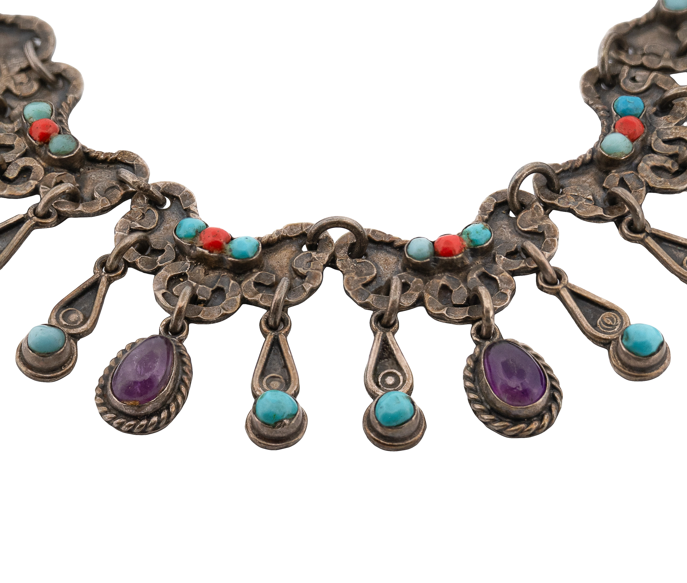 Los Ballesteros Taxco Sterling Turquoise Amethyst Coral MATL/Baroque Necklace - Image 2