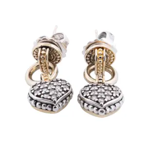 Lagos Sterling Silver and 18K Yellow Gold Dangle Diamond Heart Earrings