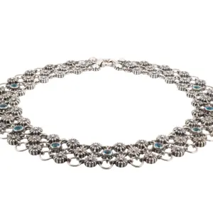 Lagos Caviar Sterling Silver & 18K Yellow Gold Blue Topaz 3-Row Daisy Choker