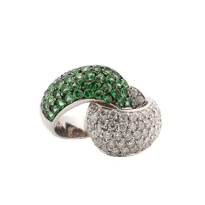 14KT White Gold Diamond & Tsavorite Garnet Pave Love Knot Ring