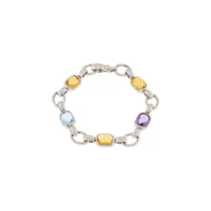 14K White Gold Cushion Cut Citrine, Blue Topaz & Amethyst Link Style Bracelet